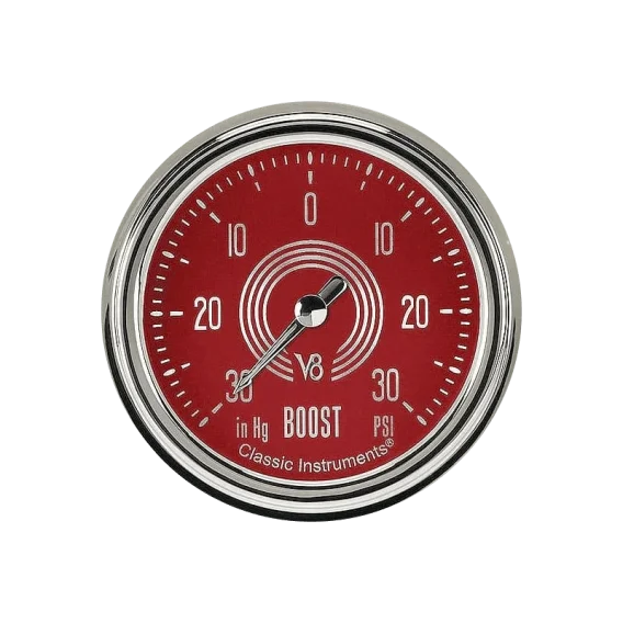 Classic Instruments® - V8 Red Steelie Series Boost/Vacuum Gauge, -30 in Hg +30 PSI